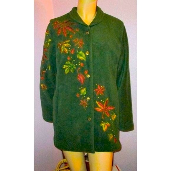Bob Mackie Wearable Art COAT Size S EMBROIDERED Oversized GREEN Fleece POCKETS - Picture 1 of 10
